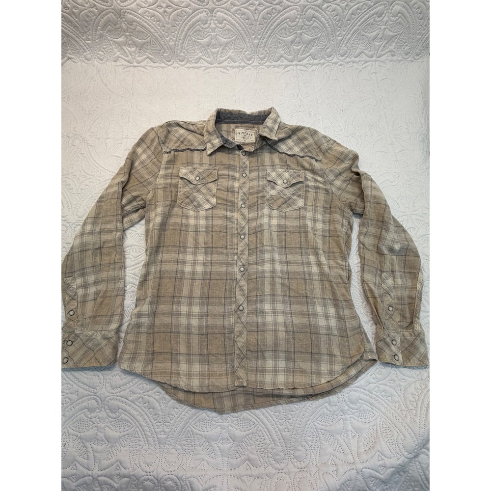 BKE Vintage Mens XL‎ Athletic Fit Pearl Snap Western Plaid Shirt Tan